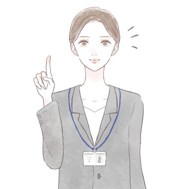 Takım elbiseli kadın parmağıyla anlatıyor. Beyaz arkaplanda.