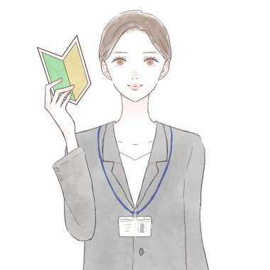 Takım elbiseli kadın acemi damgası taşıyor. Beyaz arkaplanda.