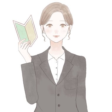 Takım elbiseli kadın acemi damgası taşıyor. Beyaz arkaplanda.