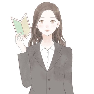 Takım elbiseli kadın acemi damgası taşıyor. Beyaz arkaplanda.