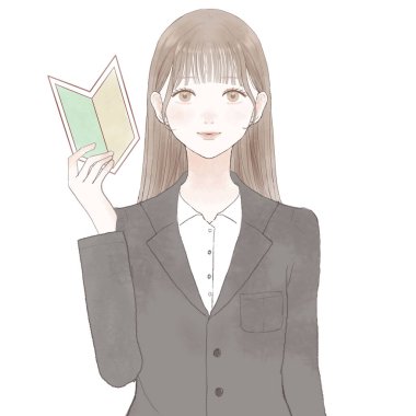 Takım elbiseli kadın acemi damgası taşıyor. Beyaz arkaplanda.