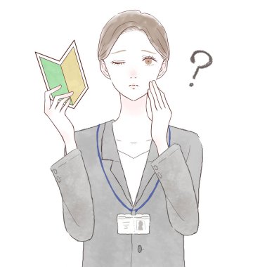 Acemi damgası olan takım elbiseli bir kadın, şüpheli. Beyaz arkaplanda.