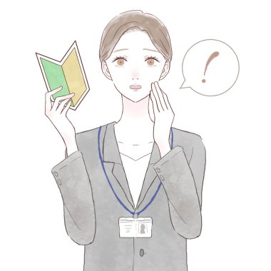 Acemi damgalı, şaşkın takım elbiseli bir kadın. Beyaz arkaplanda.