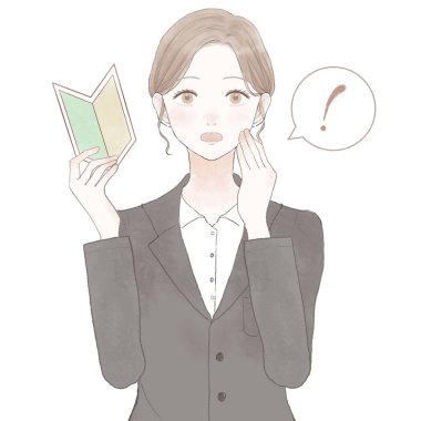 Acemi damgalı, şaşkın takım elbiseli bir kadın. Beyaz arkaplanda.