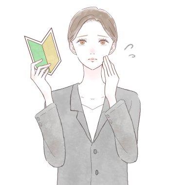 Takım elbiseli bir kadın, başlangıç işareti taşıyor. Beyaz arkaplanda.