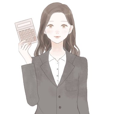 Takım elbiseli kadın hesap makinesi tutuyor. Beyaz arkaplanda.