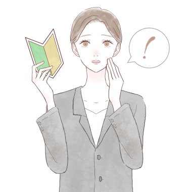 Acemi damgalı, şaşkın takım elbiseli bir kadın. Beyaz arkaplanda.