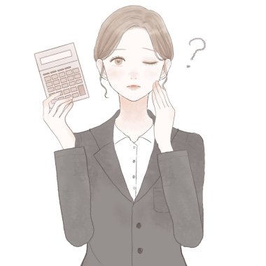 Takım elbiseli kadın hesap makinesiyle sorgulandı. Beyaz arkaplanda.