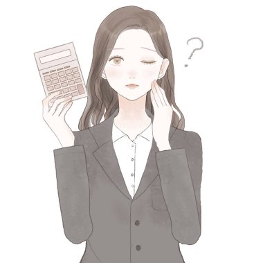 Takım elbiseli kadın hesap makinesiyle sorgulandı. Beyaz arkaplanda.