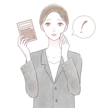 Hesap makineli sürpriz takım elbiseli bir kadın. Beyaz arkaplanda.