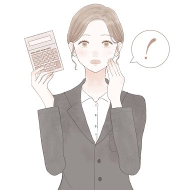 Hesap makineli sürpriz takım elbiseli bir kadın. Beyaz arkaplanda.