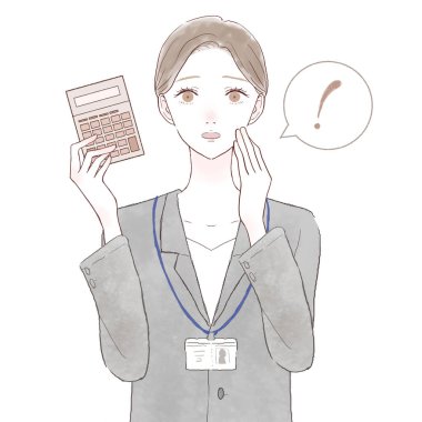 Hesap makineli sürpriz takım elbiseli bir kadın. Beyaz arkaplanda.