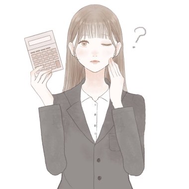 Takım elbiseli kadın hesap makinesiyle sorgulandı. Beyaz arkaplanda.