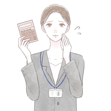 Takım elbiseli kadın hesap makinesi tutuyor. Beyaz arkaplanda.