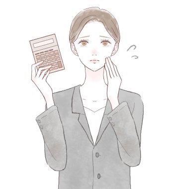 Takım elbiseli kadın hesap makinesi tutuyor. Beyaz arkaplanda.