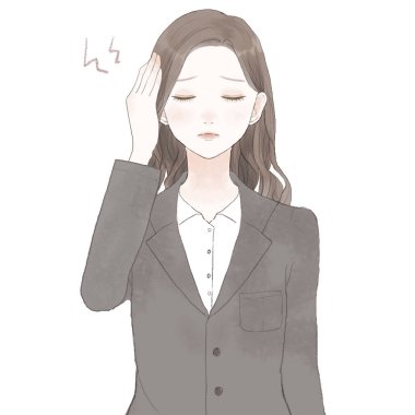 Takım elbiseli kadın baş ağrısı çekiyor. Beyaz arkaplanda.