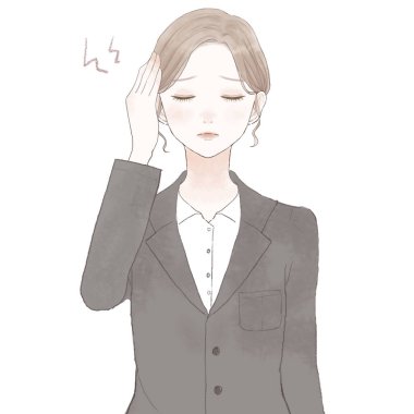 Takım elbiseli kadın baş ağrısı çekiyor. Beyaz arkaplanda.