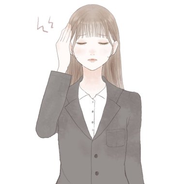 Takım elbiseli kadın baş ağrısı çekiyor. Beyaz arkaplanda.