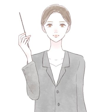 Takım elbiseli kadın talimat çubuğunu tutarken anlatıyor. Beyaz arkaplanda.