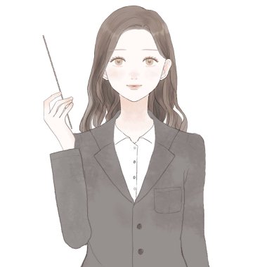 Takım elbiseli kadın talimat çubuğunu tutarken anlatıyor. Beyaz arkaplanda.