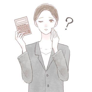 Takım elbiseli kadın hesap makinesiyle sorgulandı. Beyaz arkaplanda.