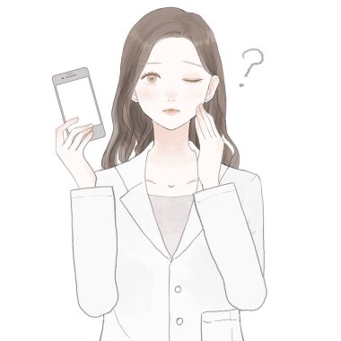 Akıllı telefonlu bir bayan doktor ve bir soru. Beyaz arkaplanda.