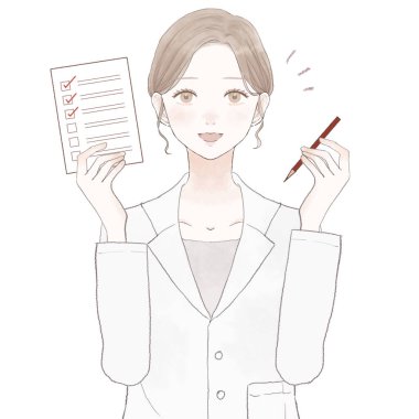 Kontrol listesi olan bir kadın doktor. Beyaz arkaplanda.