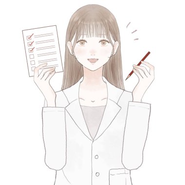 Kontrol listesi olan bir kadın doktor. Beyaz arkaplanda.