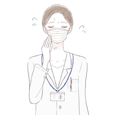 Dokumasız maske taktığı için buhardan muzdarip bir kadın doktor. Beyaz arkaplanda.