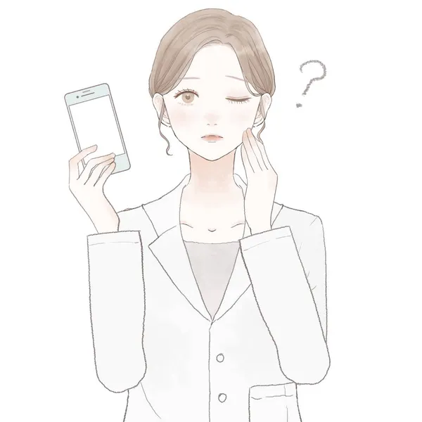 質問があるスマートフォンを持つ女性医師 白地に — ストックベクタ