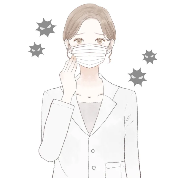 Γυναίκα Γιατρός Που Φοράει Υφασμένη Μάσκα Λευκό Φόντο — Διανυσματικό Αρχείο