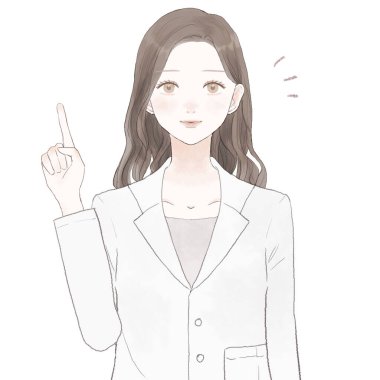 Kadın doktor parmağını göstererek açıklıyor. Beyaz arkaplanda.