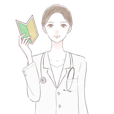 Kadın doktor başlangıç işareti taşıyor. Beyaz arkaplanda.