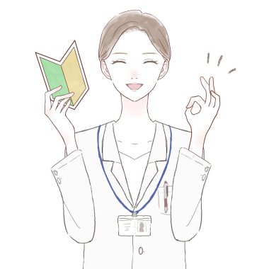 Acemi damgası olan kadın doktor, tamam işareti. Beyaz arkaplanda.