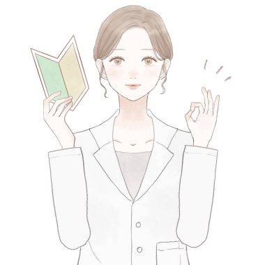 Acemi damgası olan kadın doktor, tamam işareti. Beyaz arkaplanda.