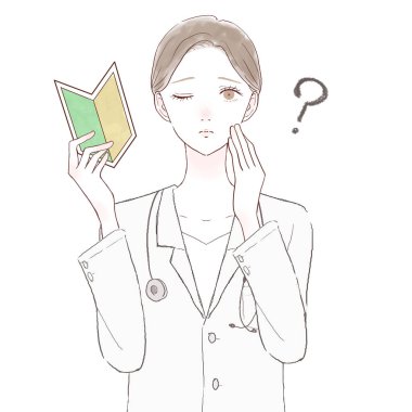 Şüpheleri olan, başlangıç noktası olan bir kadın doktor. Beyaz arkaplanda.