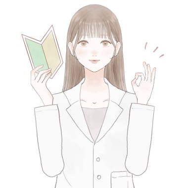 Acemi damgası olan kadın doktor, tamam işareti. Beyaz arkaplanda.