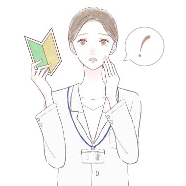 Kadın doktor başlangıç işaretine şaşırdı. Beyaz arkaplanda.