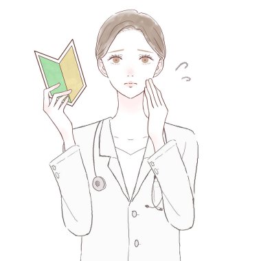 Acemi damgası olan sorunlu bir kadın doktor. Beyaz arkaplanda.