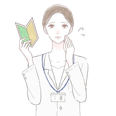 Acemi damgası olan sorunlu bir kadın doktor. Beyaz arkaplanda.