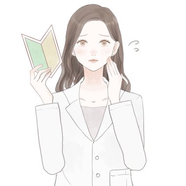 Acemi damgası olan sorunlu bir kadın doktor. Beyaz arkaplanda.