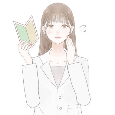 Acemi damgası olan sorunlu bir kadın doktor. Beyaz arkaplanda.