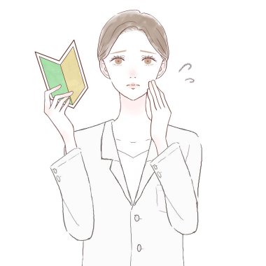 Acemi damgası olan sorunlu bir kadın doktor. Beyaz arkaplanda.