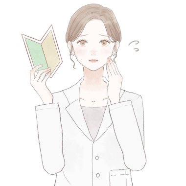 Acemi damgası olan sorunlu bir kadın doktor. Beyaz arkaplanda.