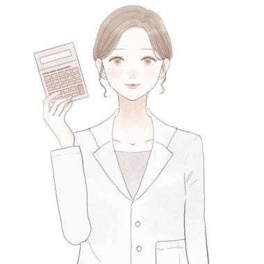 Hesap makineli kadın doktor. Beyaz arkaplanda.