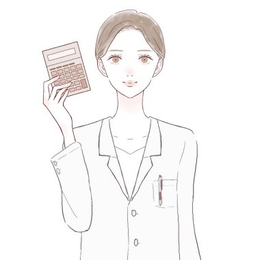 Hesap makineli kadın doktor. Beyaz arkaplanda.