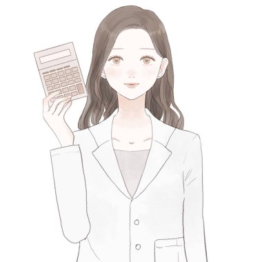 Hesap makineli kadın doktor. Beyaz arkaplanda.