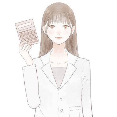 Hesap makineli kadın doktor. Beyaz arkaplanda.