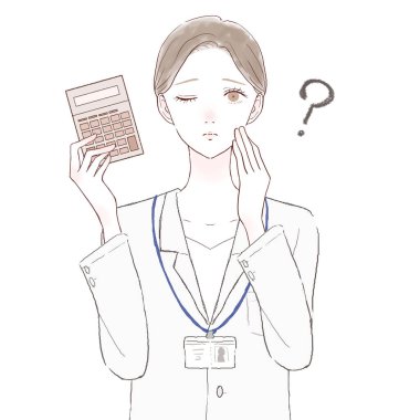 Hesap makineli kadın doktor, şüpheleri var. Beyaz arkaplanda.