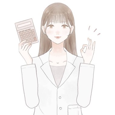 Kadın doktor hesap makinesi tutuyor ve tamam işareti tutuyor. Beyaz arkaplanda.